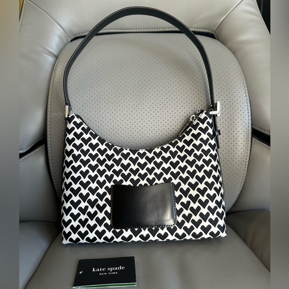 Kate Spade Sam Icon Modernist Hearts Jacquard Shoulder Bag, Cream Black, NWT - Picture 7 of 15